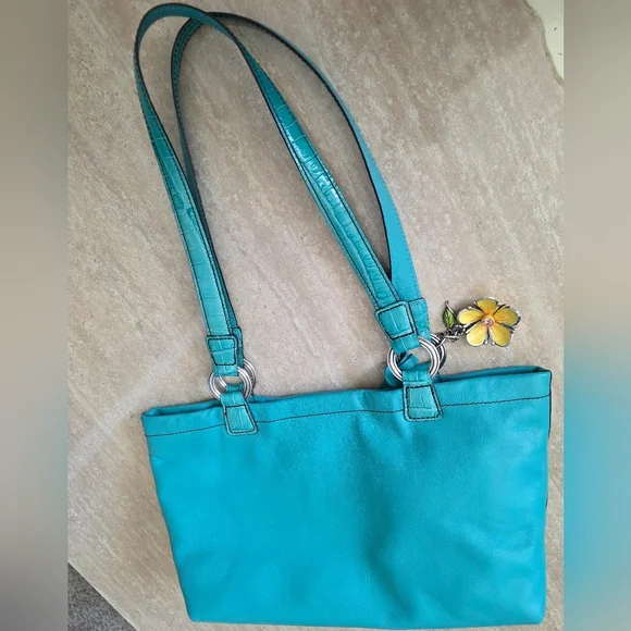 Brighton Teal Leather Shoulder Bag Cric Handles With Flower & Heart Charm GUC - Picture 8 of 10